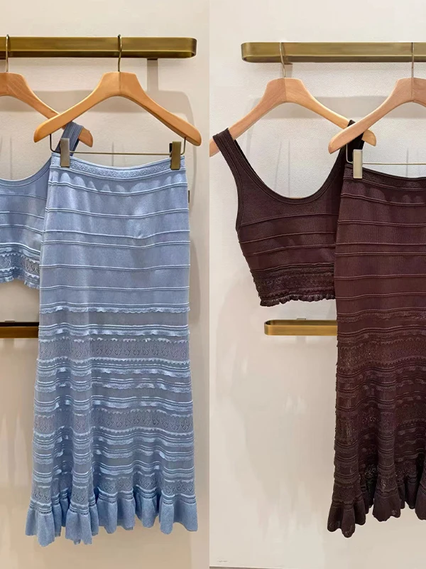 

Fashionable Knitted Hollow out round Neck Vest And Long Skirt Set Women's Slim Fit Summer Outfit High Waist Gauze