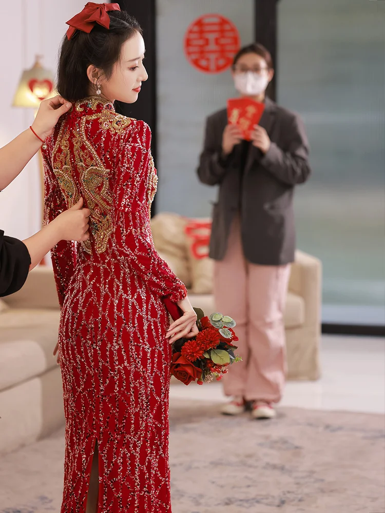 Cheongsam Toast Dress Bridal Chinese Wine Red Long Sleeve Engagement Dress