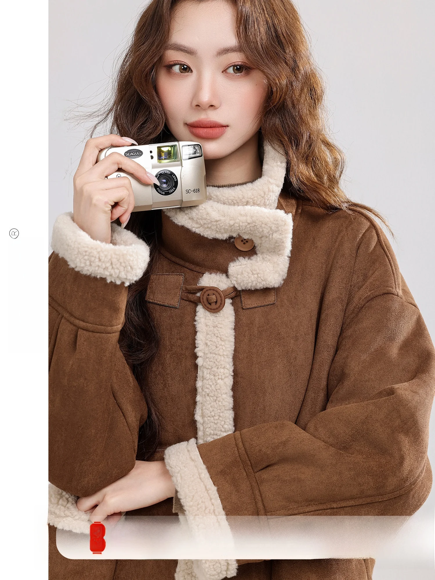 

Autumnal Maple Leaf Dyed Women's Jacket Vintage Brown Stand Collar Fur Leather Integrated Warmth Long Sleeve Coat for Winter