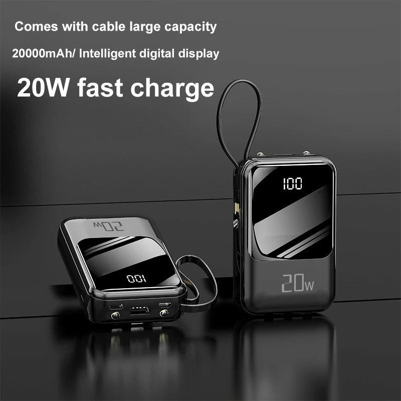 

20000mAh Large Capacity Mini With Cable Portable Charging Bank For HUAWEI iPhone Digital Display Fast Charge Mobile Power Supply