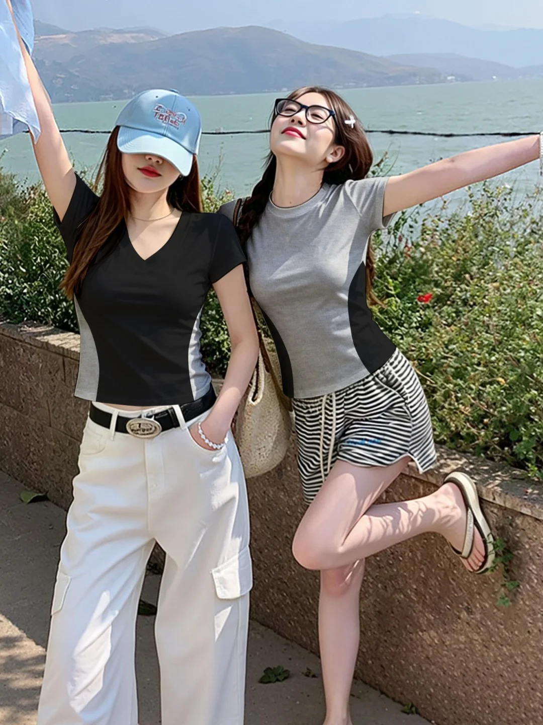 Retro Black Grey Color Block V Neck Short Sleeve T Shirt Women's Summer New Simple Versatile Slimming Fashion Single Wear Top