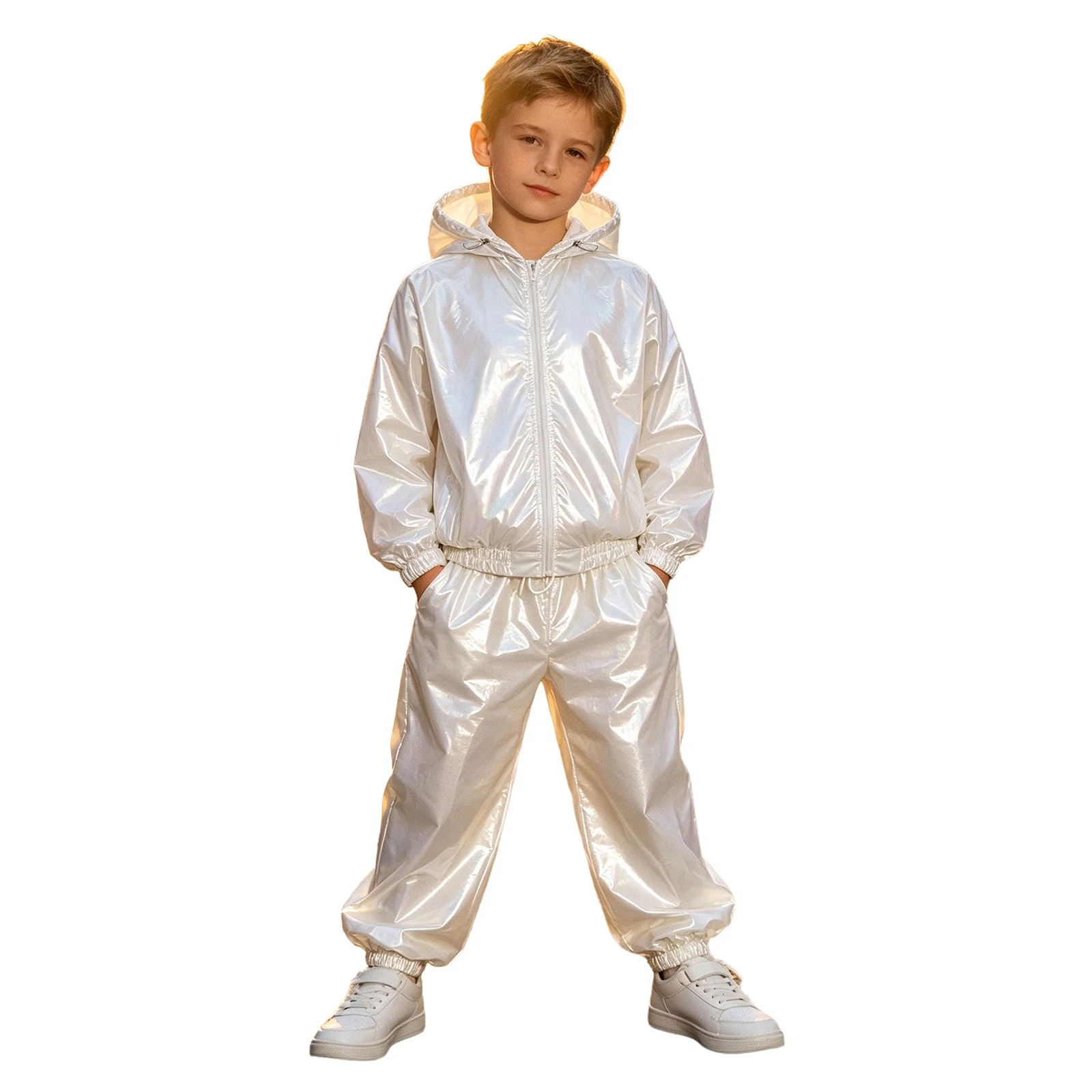 Boys Girls Hip Hop Street Dancewear Hippie Outfit Water Resistant Long Sleeve Drawstring Hooded Jacket Raincoat+Jogger Pants
