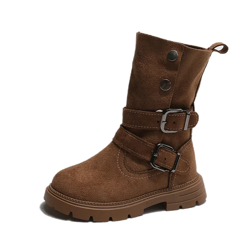 Toddler Girls Fold Over Ankle Boots, Metal Buckle Strap, Rivet Buttons, Non Slip Thick Sole for Autumn Daily Outdoor Wear