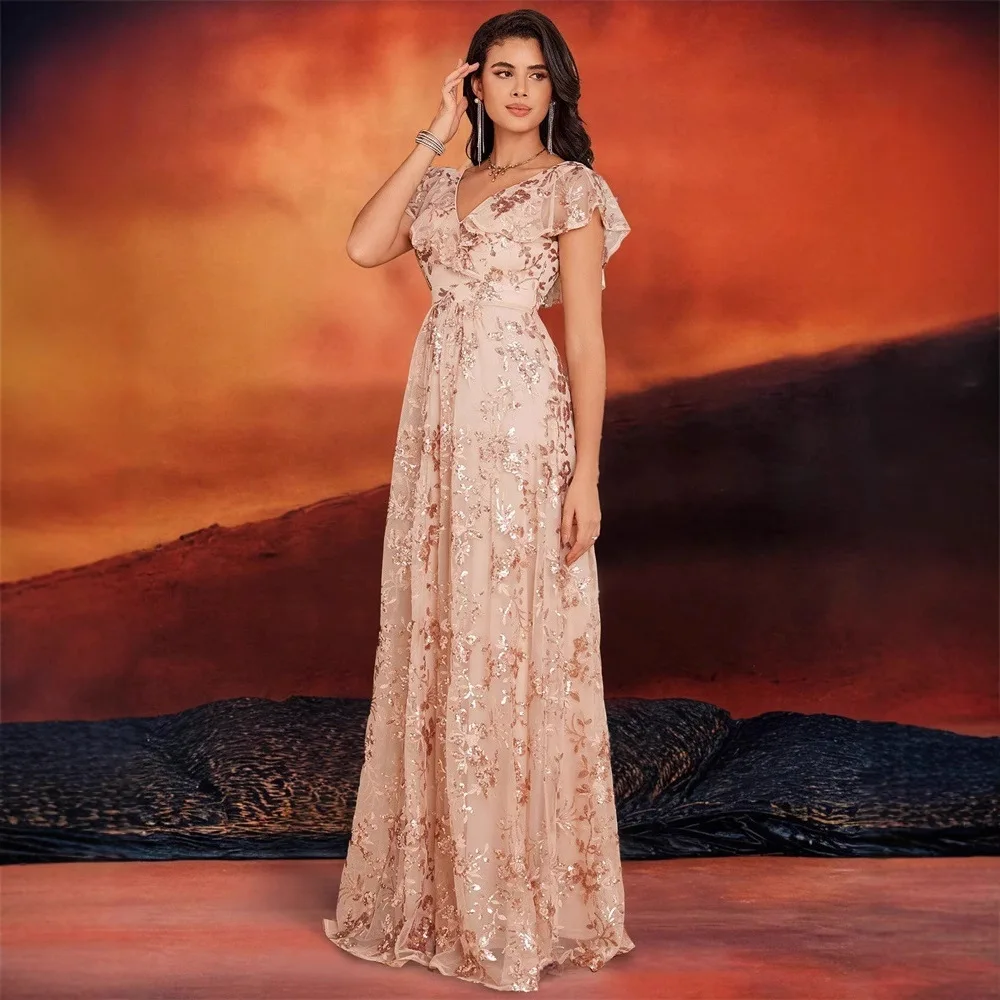 Abito da damigella d'onore con scollo a V, maniche a volant trasparenti, paillettes floreali oro rosa, in tulle, linea ad A, rosa cipria, con strascico, per matrimonio in giardino