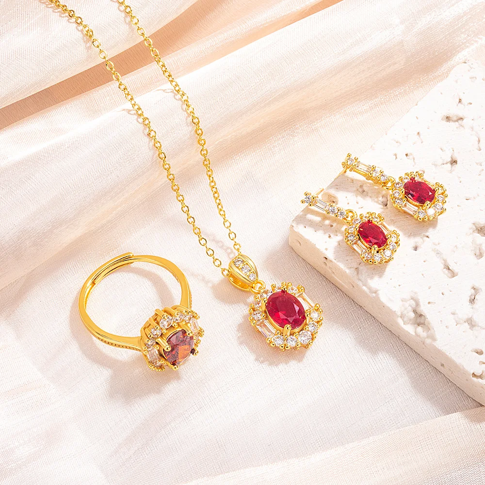 925 Sterling Silver Light Luxury Premium Red Oval Zircon Necklace Ring Earrings Three-piece Jewelry Set Birthday Party Gift