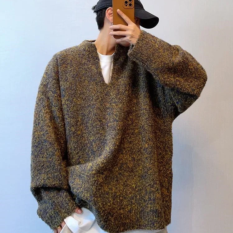 

Мужской вязаный свитер свободного кроя с V-образным вырезом в стиле ретро для осени и зимы