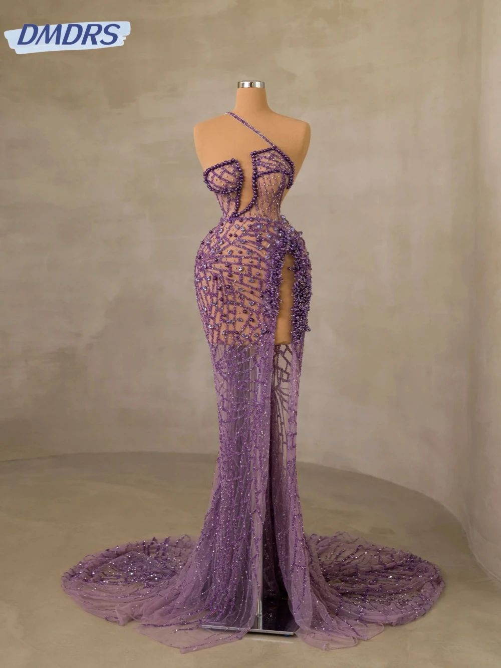 

Exquisite Purple Pearls Rhinestones Evening Dress Sexy Illusion Side High Slit Prom Dresses 2025 Customized Wedding Party Gown