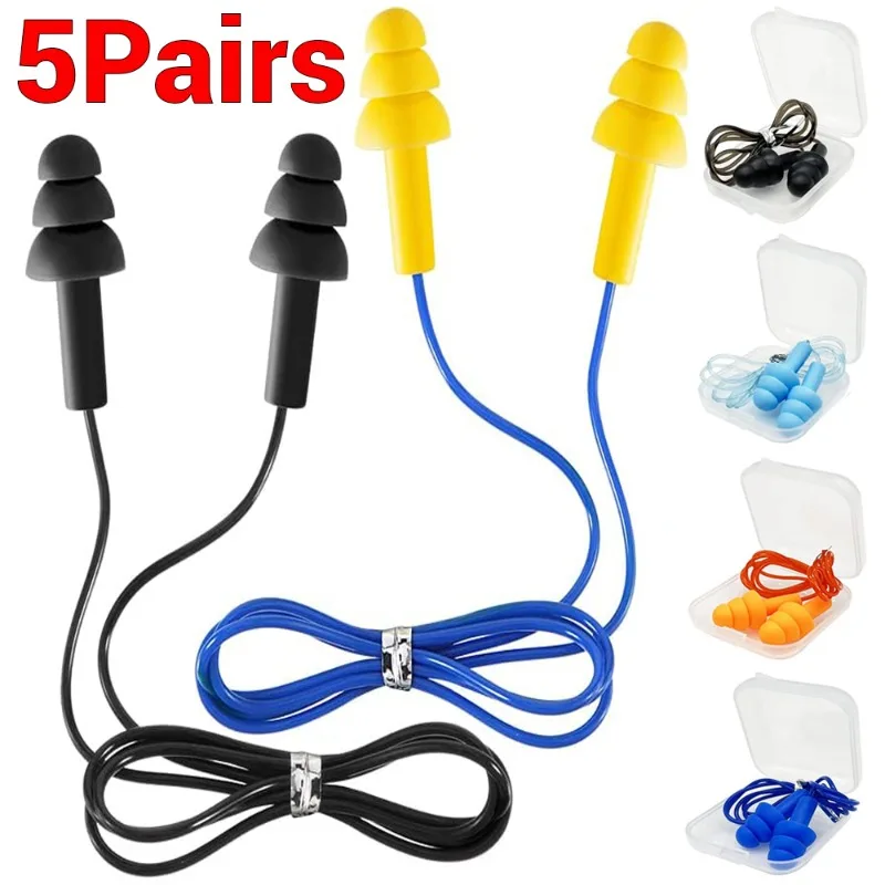 Silicone Corded Ear Plug Protector Anti Lost Reusable Hearing Protection Noise Reduction Safe Swimming Work Earplugs with Rope