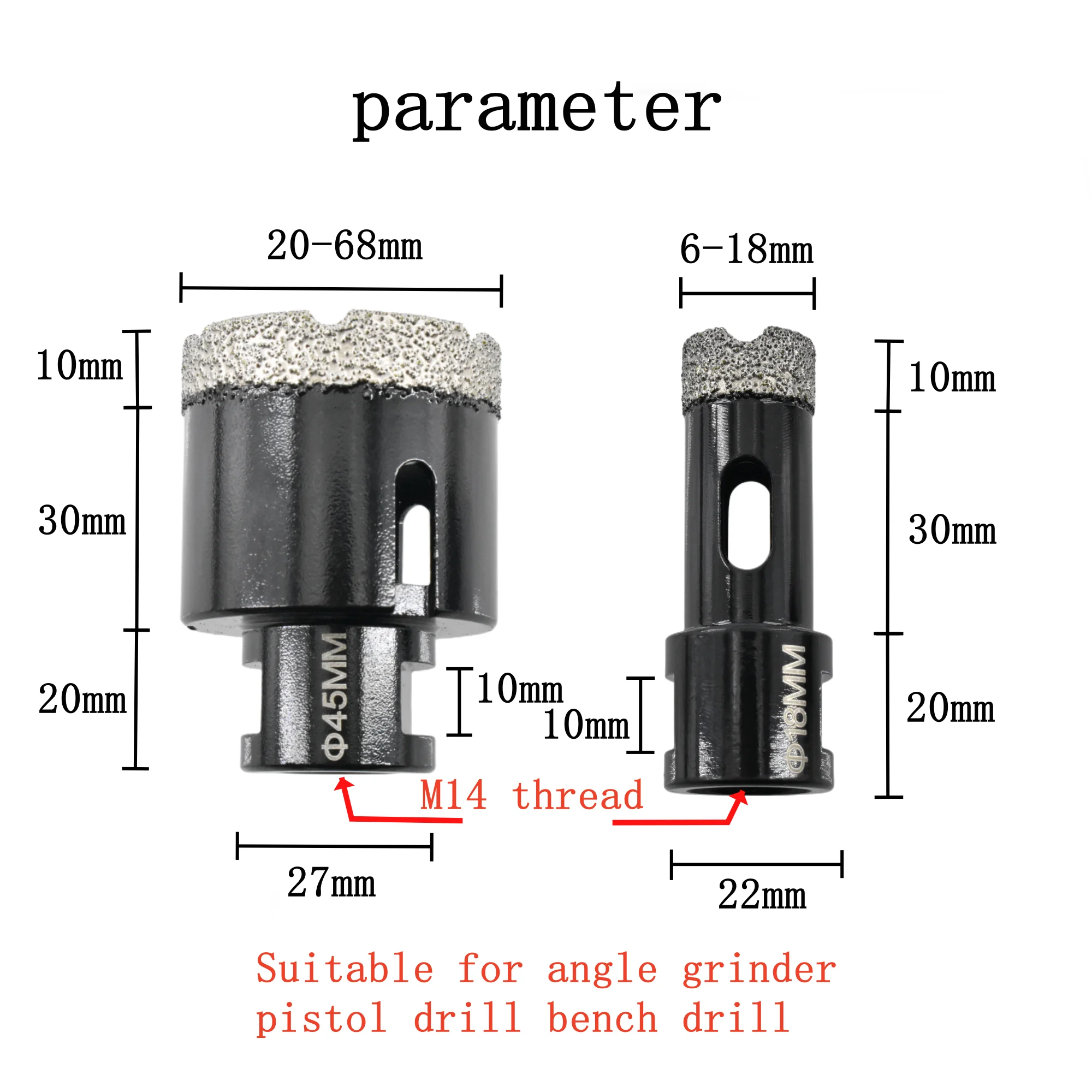 M14 Thread Dry Vacuum Brazed Diamond Drilling ceramic Porcelain Tile Drill Bits Marble stone Hole Saw For Angle Grinder