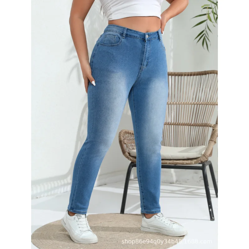 Overseas Warehouse Delivery Cross-Border European and American plus Size Denim Skinny Pants Fat Girl Elastic TightTEMUAmazonSHEI