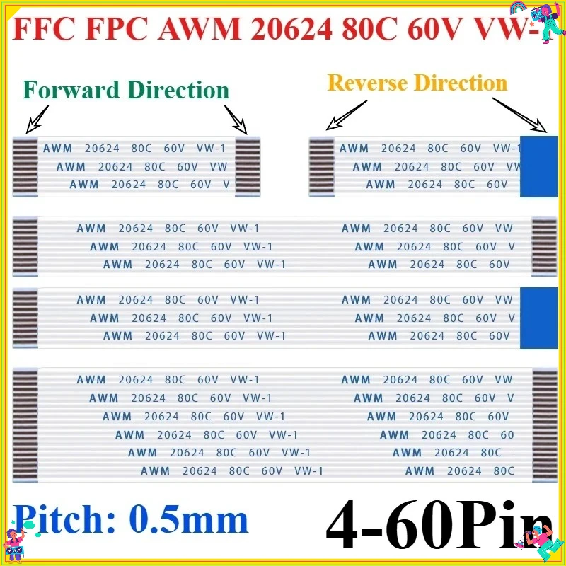 

10Pcs Flat Flexible Cable FFC FPC AWM 20624 80C 60V VW-1 FFC-0.5MM Various Pin Sizes 4-60 Pins