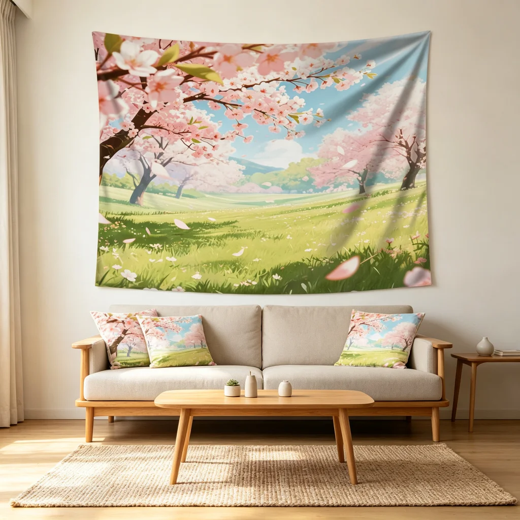 1PC Anime Cherry Grass View Print Backdrop Banner, Bedroom Living Room Photo Background, Polyester, Home Decor, Wall Art