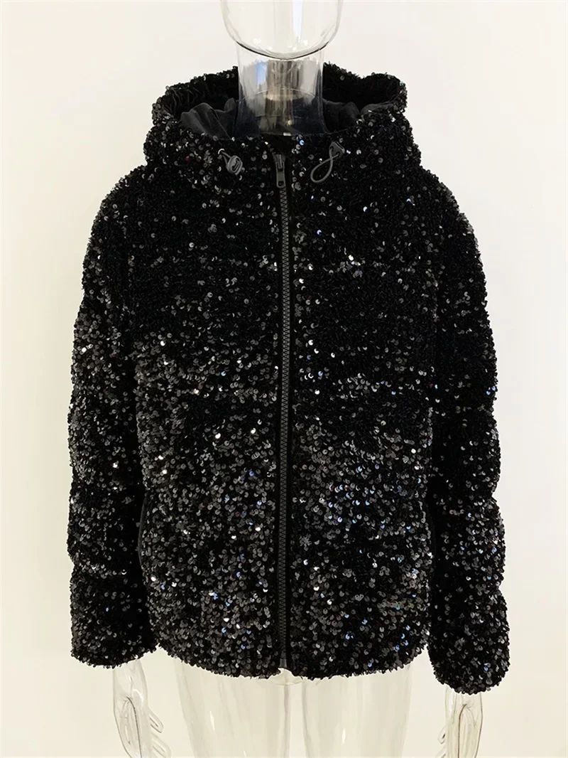 

Luxury Sequins Women Down Jackets Velvet Winter Warm Thick Female Hoode Zipper Wear Coat Prom Outfit