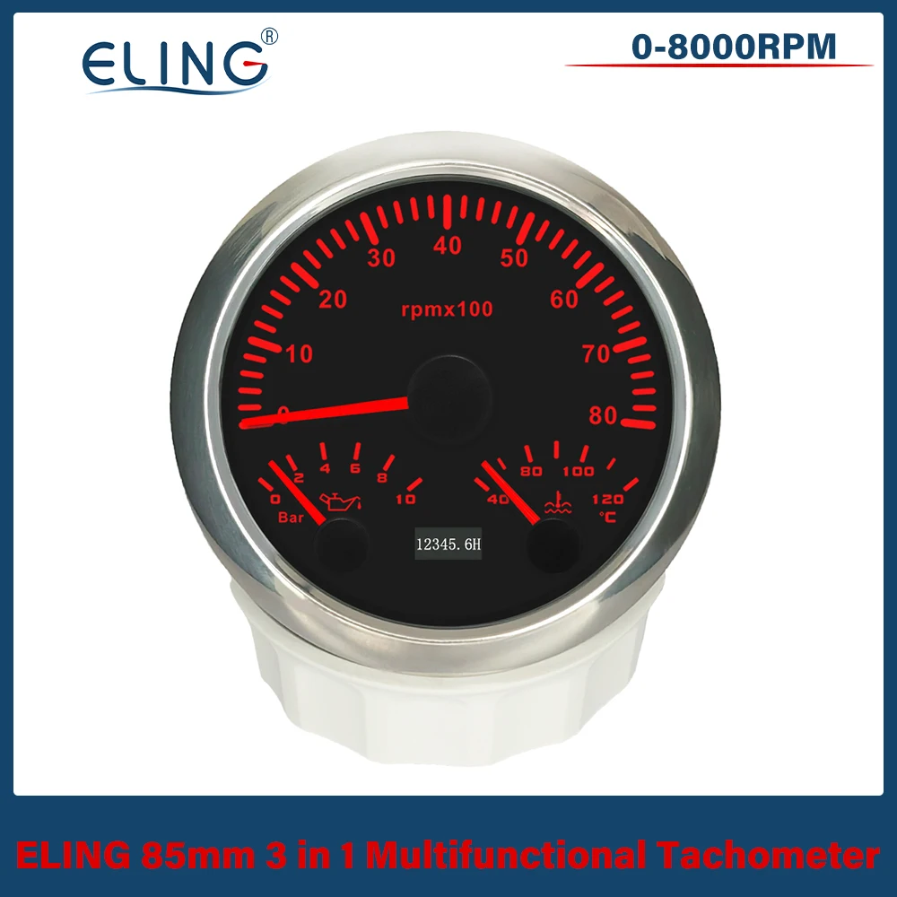 

Car Boat Universal 85mm 3 in 1 Multifunctional 3000RPM 8000RPM Tachometer with Oil Pressure Water Temp 7 Colors Backlight 9-32V