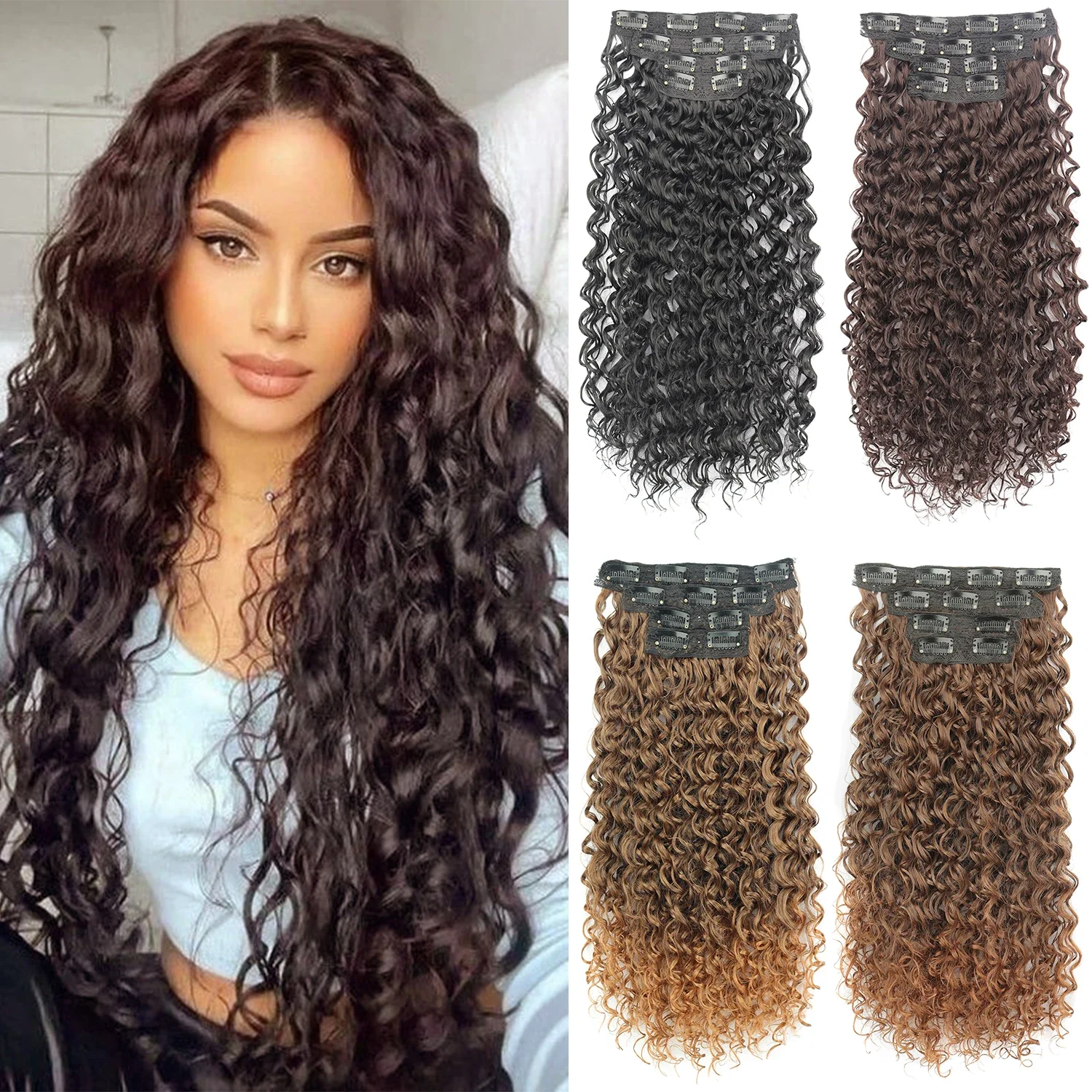 

Synthetic 20 Inch 4Pcs/Set Long Curly 11 Clip in Hair Extensions Hair Accessories Suitable For Women Increase Hair Volume
