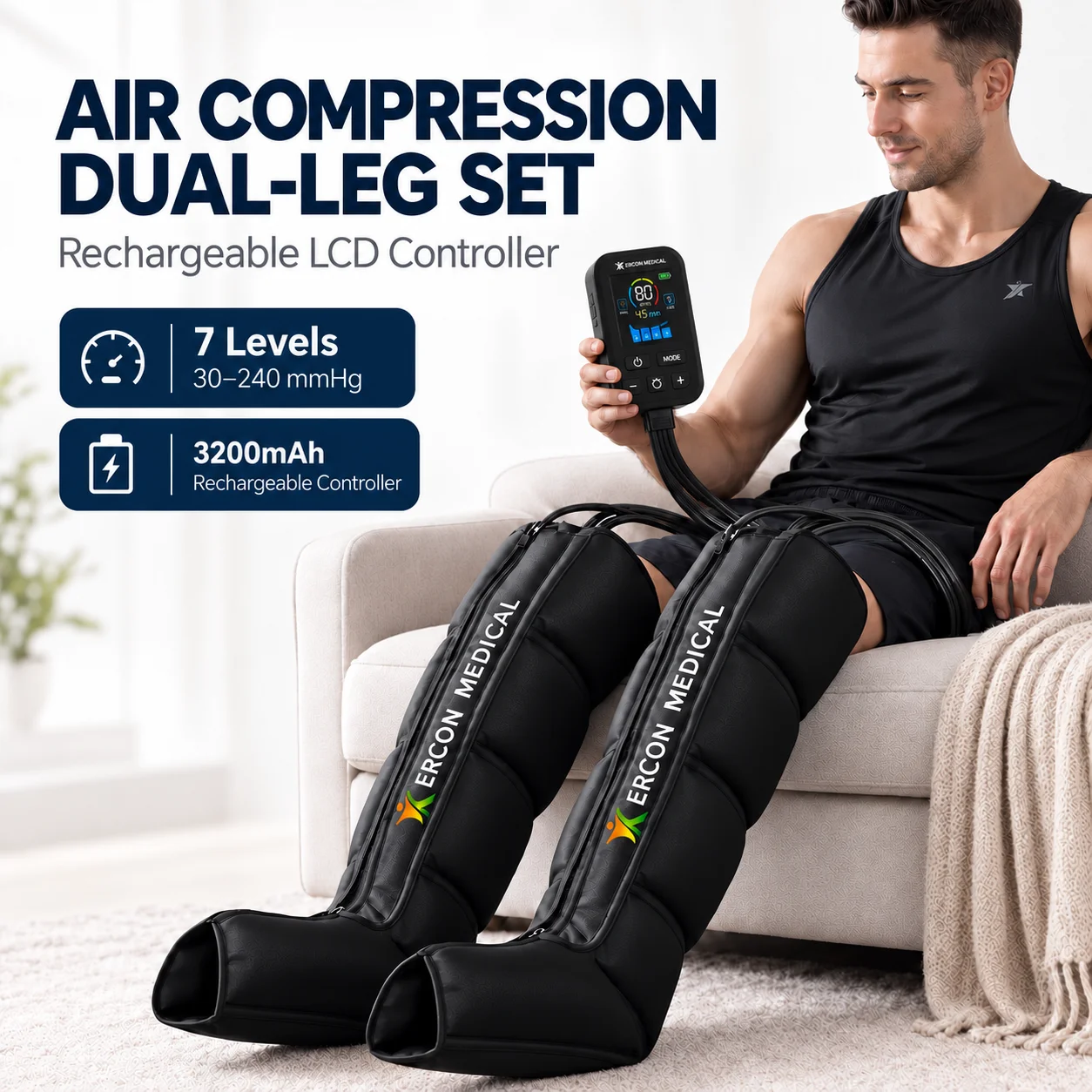Rechargeable Air Compression Leg Massager 4 Chambers 7 Pressure Levels 30-240mmHg 5 Modes Dual Leg Set Color LCD Hand Controller