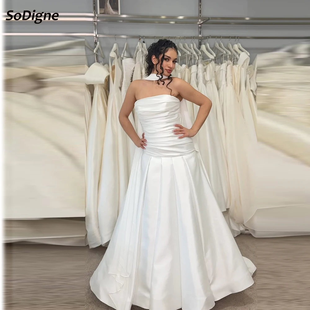 

SoDigne A-line Satin Wedding Dresses Sleeveless Strapless Pleat Bridal Dress Elegant Wedding Gown Robe De Mairee Customized