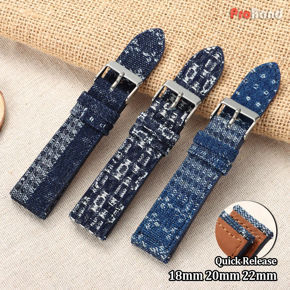 Jacquard Denim Fabric Leather Lining Watchband 18mm 20mm 22mm Blue Indigo Pattern Nylon Watch Straps Universal Bracelet Belt