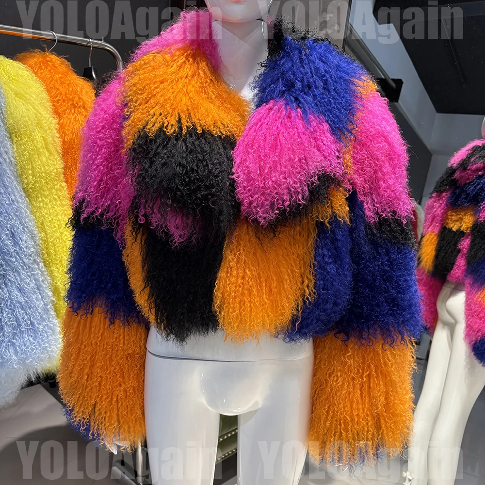 YOLOAgain 2025 Autumn Winter Warm Turn-Down Collar Real Mongolia Sheep Fur Jacket Coat Women Short Black Sheep Fur Jacket Female