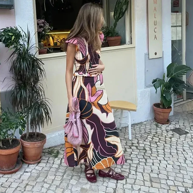 

Elegant Ladies Temperament Slim Party Set Summer O-neck Sleeveless Top and Long Skirt Suit Fashion Floral Print Holiday Outfits