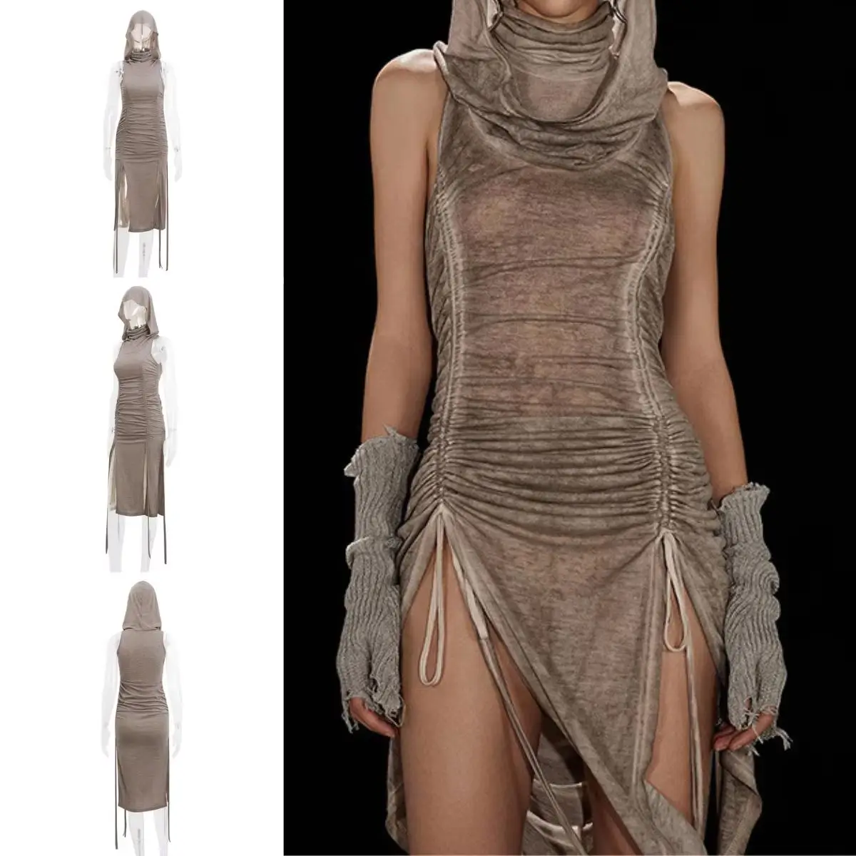 

Women Gothic Desert Walker Hooded Dress Punk Split Side Midi Dress Medieval Vintage Cloak Vestidos Drawstring Fold Short Dresses
