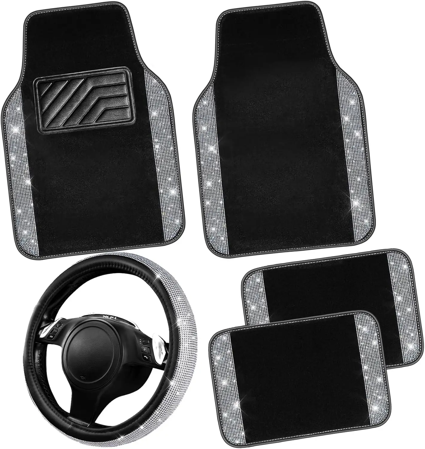 

Shining Rhinestone Steering Wheel Cover 14.5-15in Anti-Slip Floor Mats Sparkly Crystal for SUV Truck Women Black Silver 5pcs