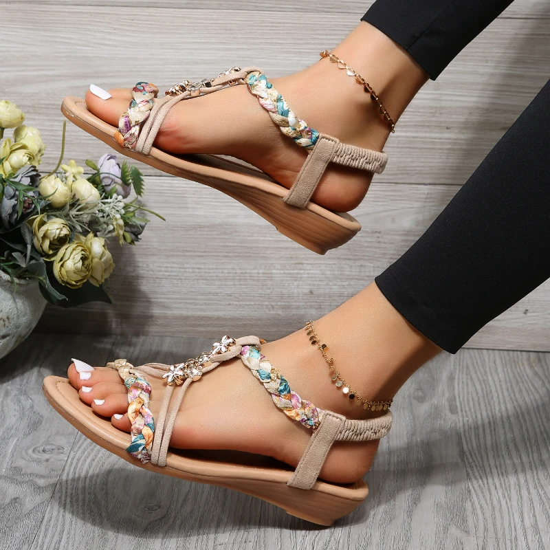 Women Wedges Bohemian Sandals Summer 2023 New In Open Toe Beach Shoes with Low Heels Sandal Lady Casual Sandalias Mujer Verano