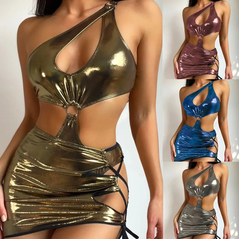 

SKMY 2023 Sexy Hollow Out Open Back One Shoulder Sleeveless Bodysuits And Mini Skirts Solid Color 2 Piece Sets Women Outfit