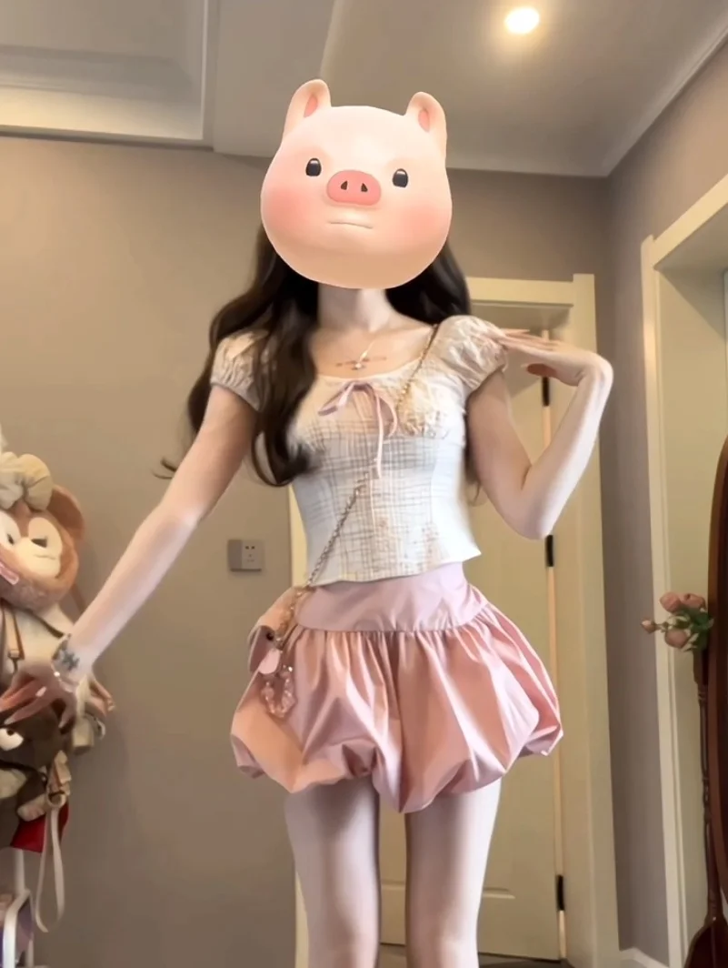 Girls Ballet  Knot Flower Bud Skirt Pink Summer New Style Puffy Half-length Short Skirt High Waist Denim Fabric Commute
