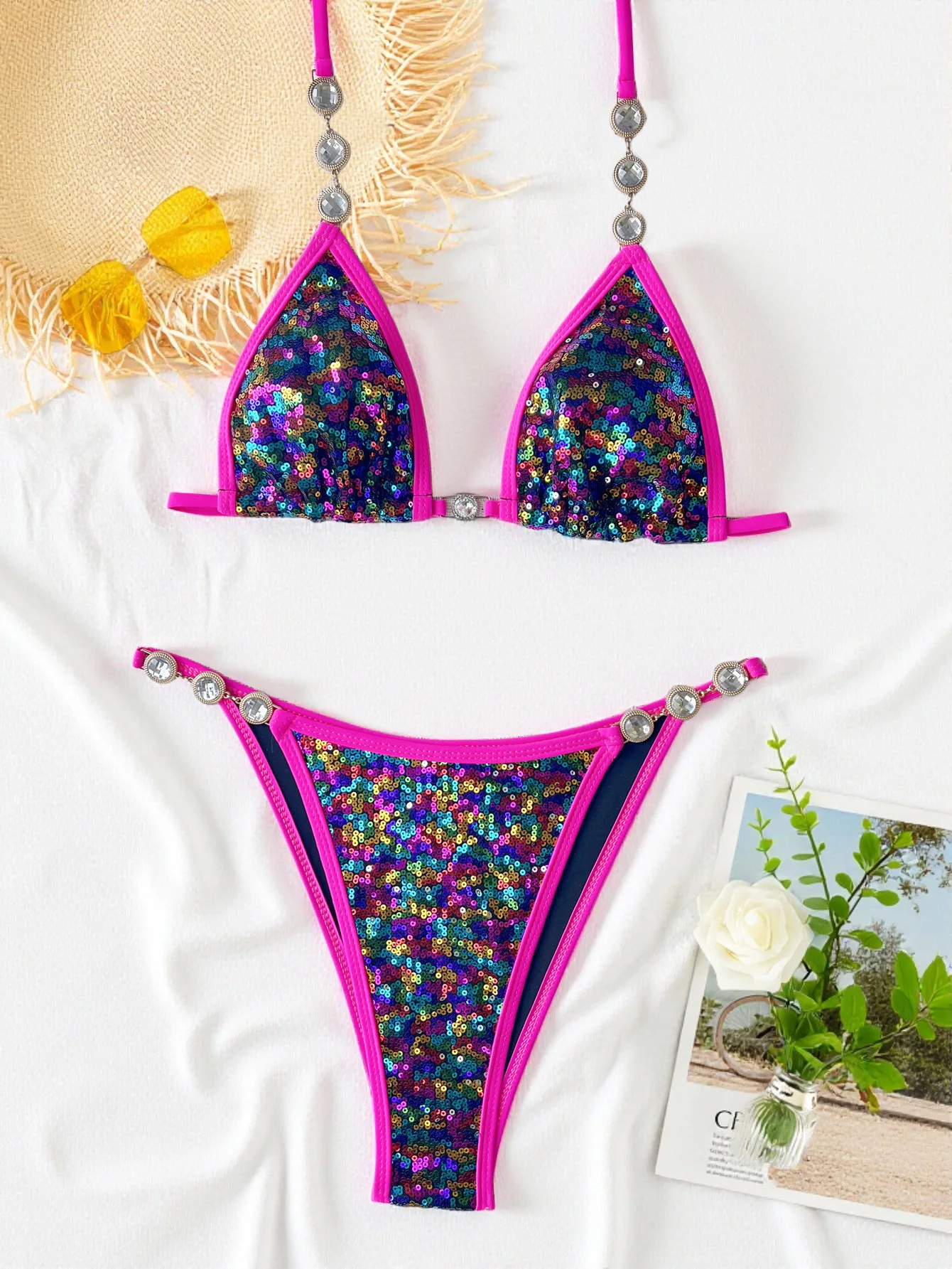 sexy rhinestone glitter sequin rose red bikini sets two pieces halter tie swimsuits bathing suit swimwear biquini tankini