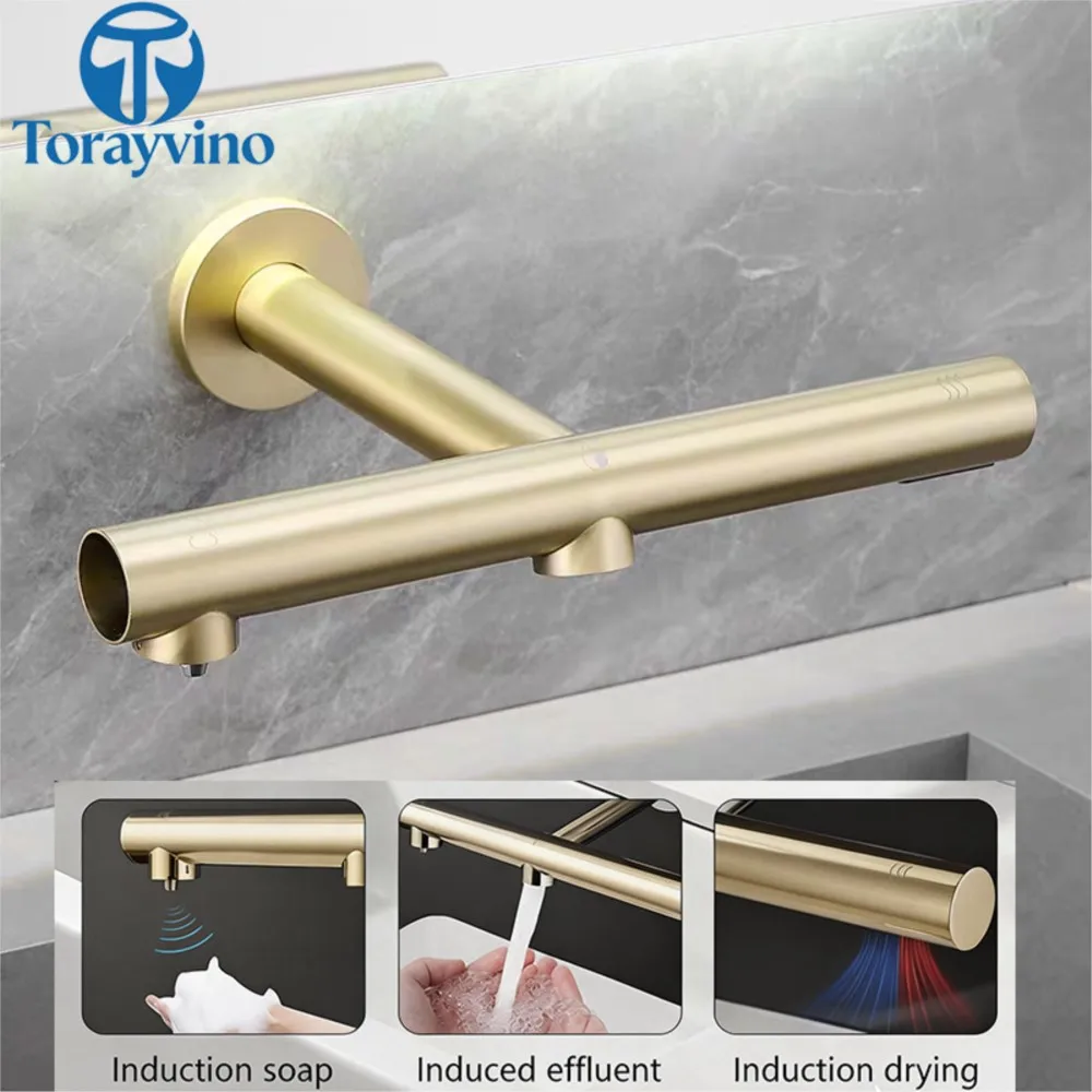 Torayvino Black Gray 3-in-1 Bathroom Faucet Automatic Sensor Soap Dispense Water Tap Sink Faucet Wall Mounted Drying Machine