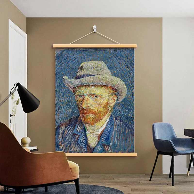 Wall Art Straw Hat Portrait and Blue Background Vintage Style Pearlescent Canvas Hanging Scroll with Wooden Rods for Living Room