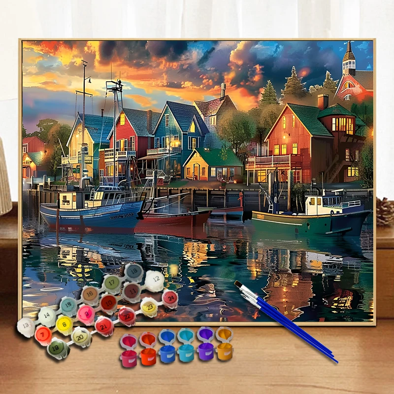 Painting By Numbers Sunset and Sailboat Acrylic Paint Canvas Dropshipping Portrait Family Children Photo Christmas gifts