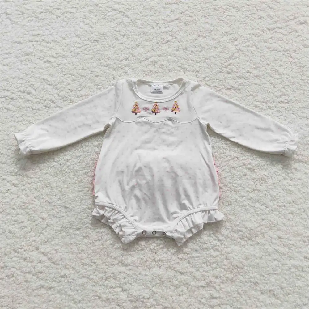 Wholesale Baby Girls Long Sleeves Romper Embroidery Jumpsuit Kids Toddler One-piece Newborn White Bubble Christmas Tree Clothes