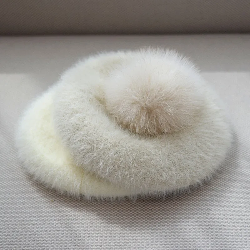 Mink Fox Fur Pompom Hat Velvet Warm Beret for Women Autumn Winter  Ourdoor Warm Knitted Hat Korean  Fashion Retro Bud Hat