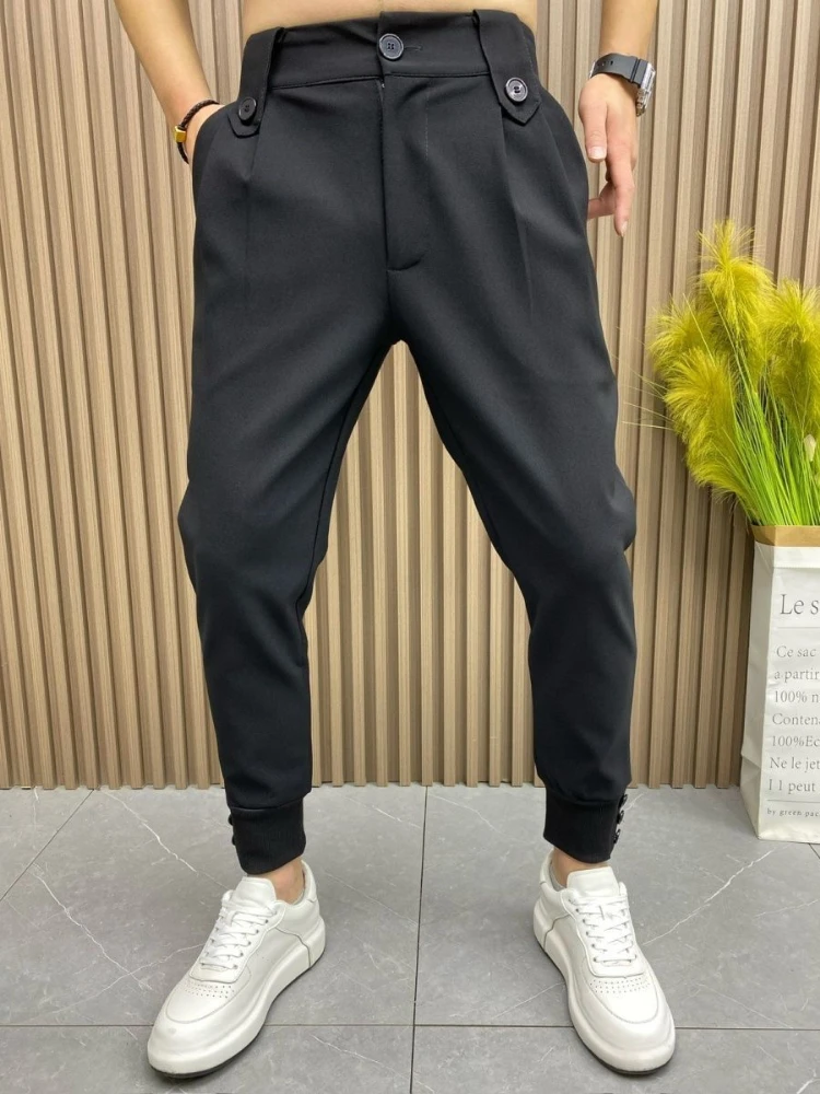 Harlan Black Pleated Man Suits Pants Anti-wrinkle Spandex Fashion Korean Reviews Many Trousers for Men Clothes Offer Designer Up