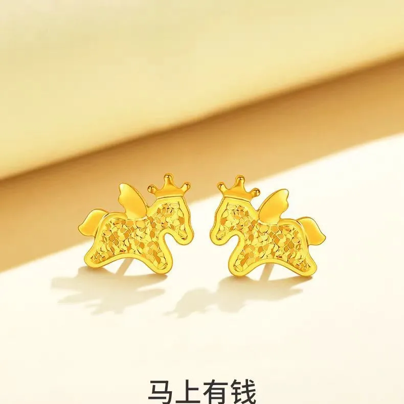 

24K Gold AU999 Women's Ice Shard "Horse Brings Wealth" Earrings - Timeless durable, understated luxury, ideal for self & gifting