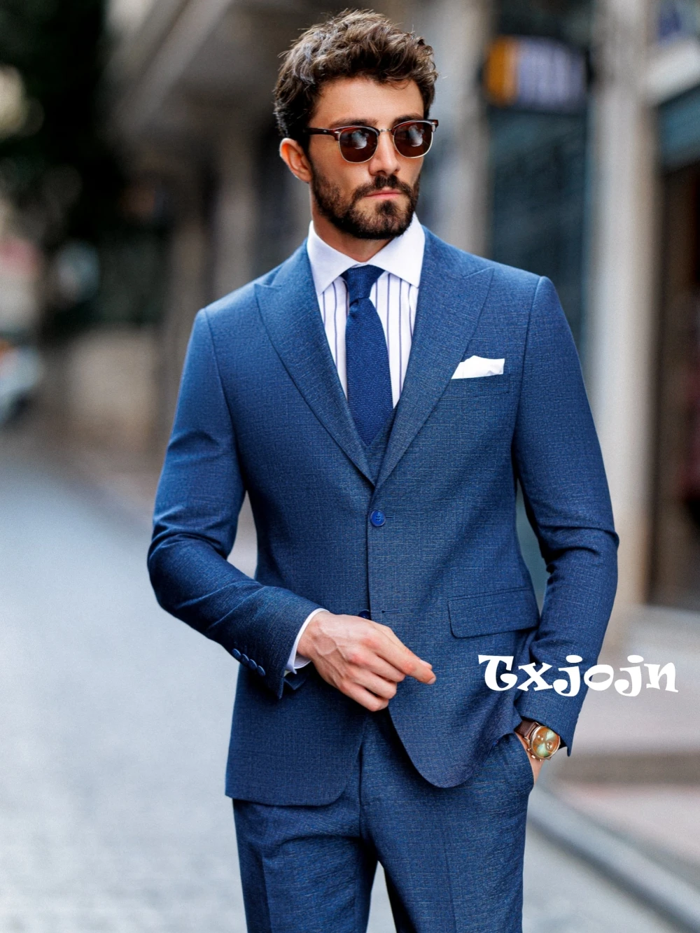 

Blue Men's Slim Fit Dresswear Suit Set,Elegant Mature Tuxedo 3 Pieces Blazer Vest Pants Customized High Quality Suits For Men