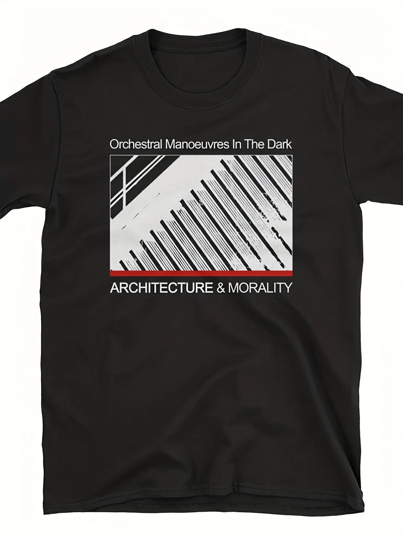 Orchestral Manoeuvres in The Dark Architecture Morality T-Shirt Featuring A Black Graphic Design for Streetwear.All Season