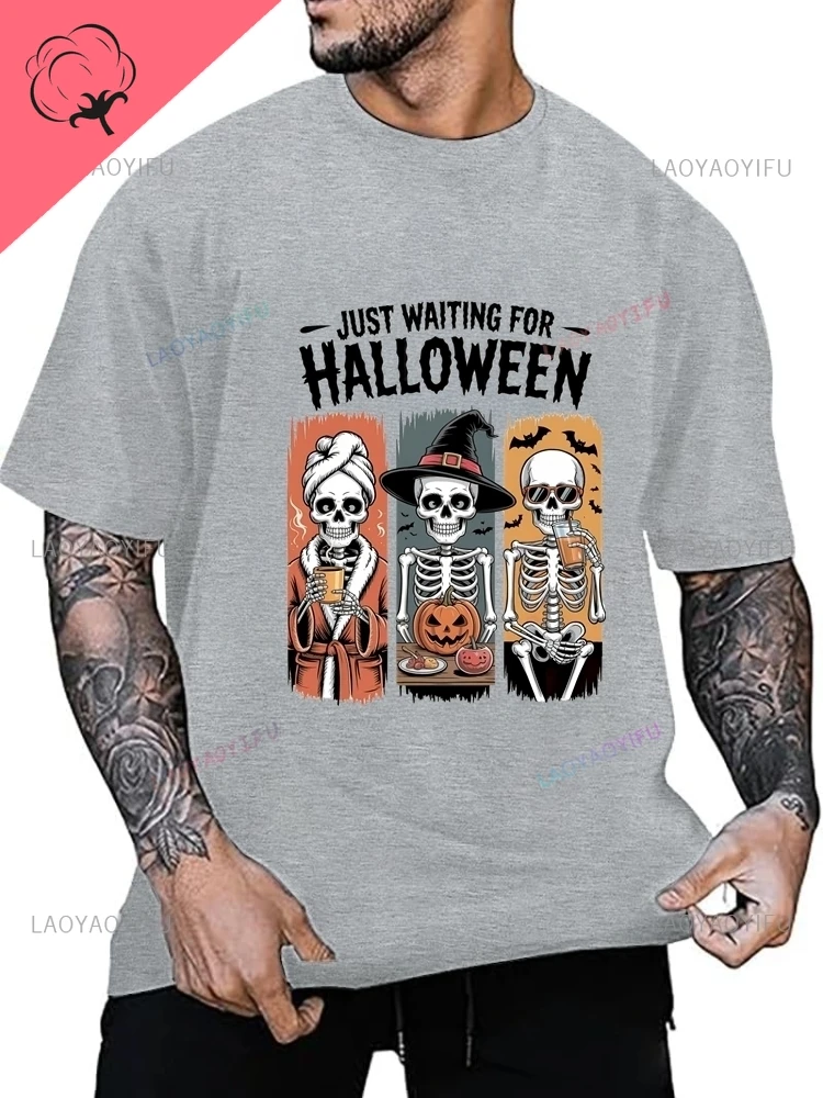 تيشيرتات جديدة من القطن الخالص بأكمام قصيرة لعام 2025 على شكل هيكل عظمي للهالوين مكونة من ثلاثة أشخاص للرجال والنساء