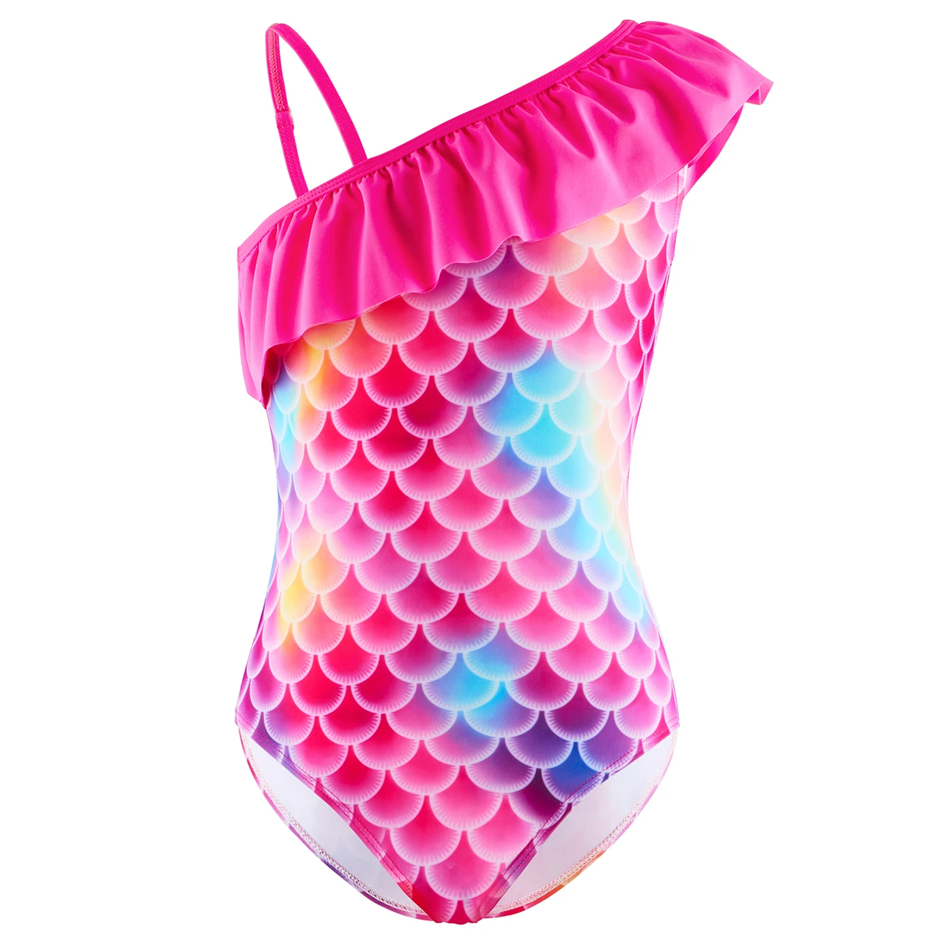 

Bikini-Cut Bottom Swimming Suit Kids, One-Piece Swimwear, Girls Summer Clothes 2025, One Shoulder Design with Ruffle, 3D Scale