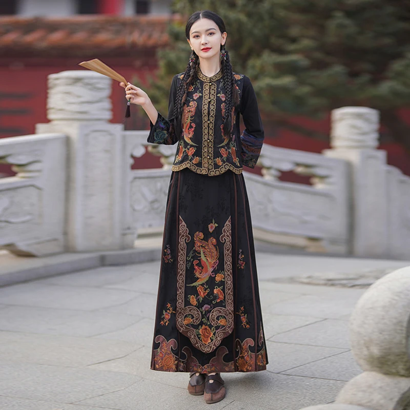 

New Ethnic Style Elastic Waist Half Skirt Embroidered A-Line Long Skirt Retro Face Skirt Soft Silk Blend High Waist Com...