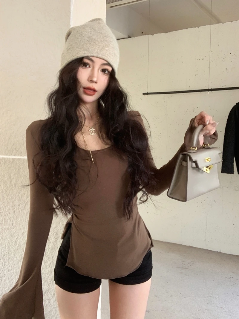 Autumn Winter Women Flared Sleeves Fleece Shirt Thin Shoulder Padded Top Slim Fit Kpop Cropped Tops Y2k Streetwear