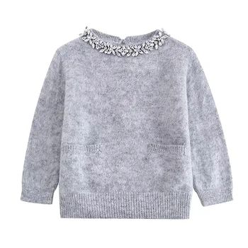 フランスのカジュアルセーター,長袖セーター,グレーの高級ニットウェア,ラウンドネックのポケット,人工ダイヤモンドのトップス,冬