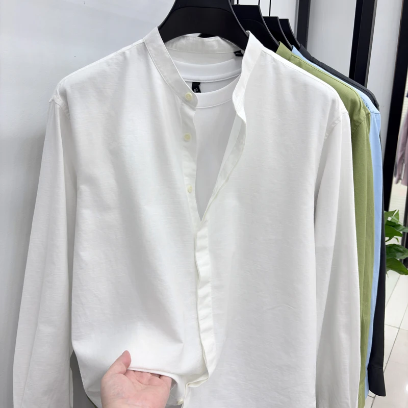 2026 Autumn Men's Long Sleeved Shirt Loose Collar Shirt Trendy Casual Versatile Middle Aged Youth Solid Color Top
