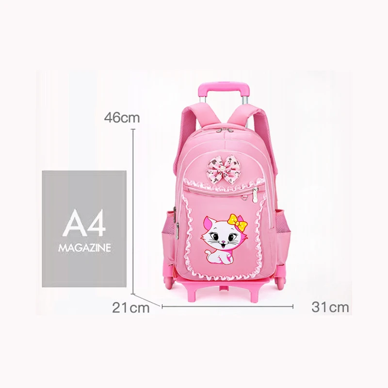 Cute Cat Children School Backpack with 6 Wheels Rolling School Bag Trolley Bag Climbing stairs Students Backpack For Girls