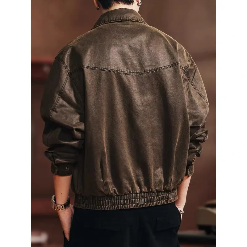 Retro americano Sle ort Jaet hombres otoño nueva ropa de abrigo Casual suelta BaAn aceite cera cuero aspecto Vintage fibra de poliéster