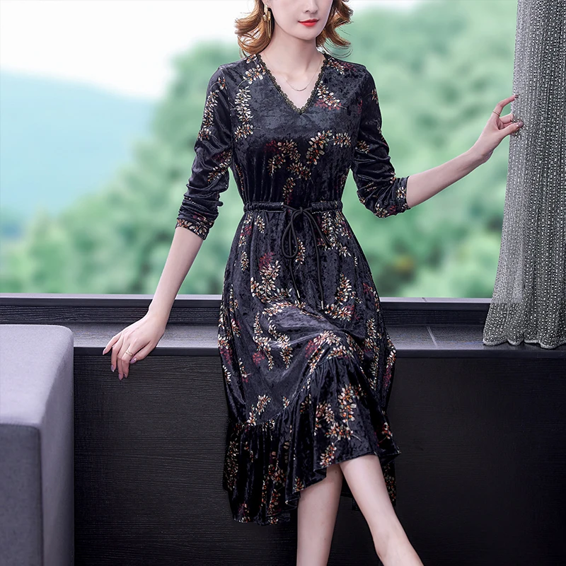 Black Natural Silk Velvet Dress Large Size Maxi Dress Autumn Korean Vintage Casual Dress  Women Elegant Bodycon Dress