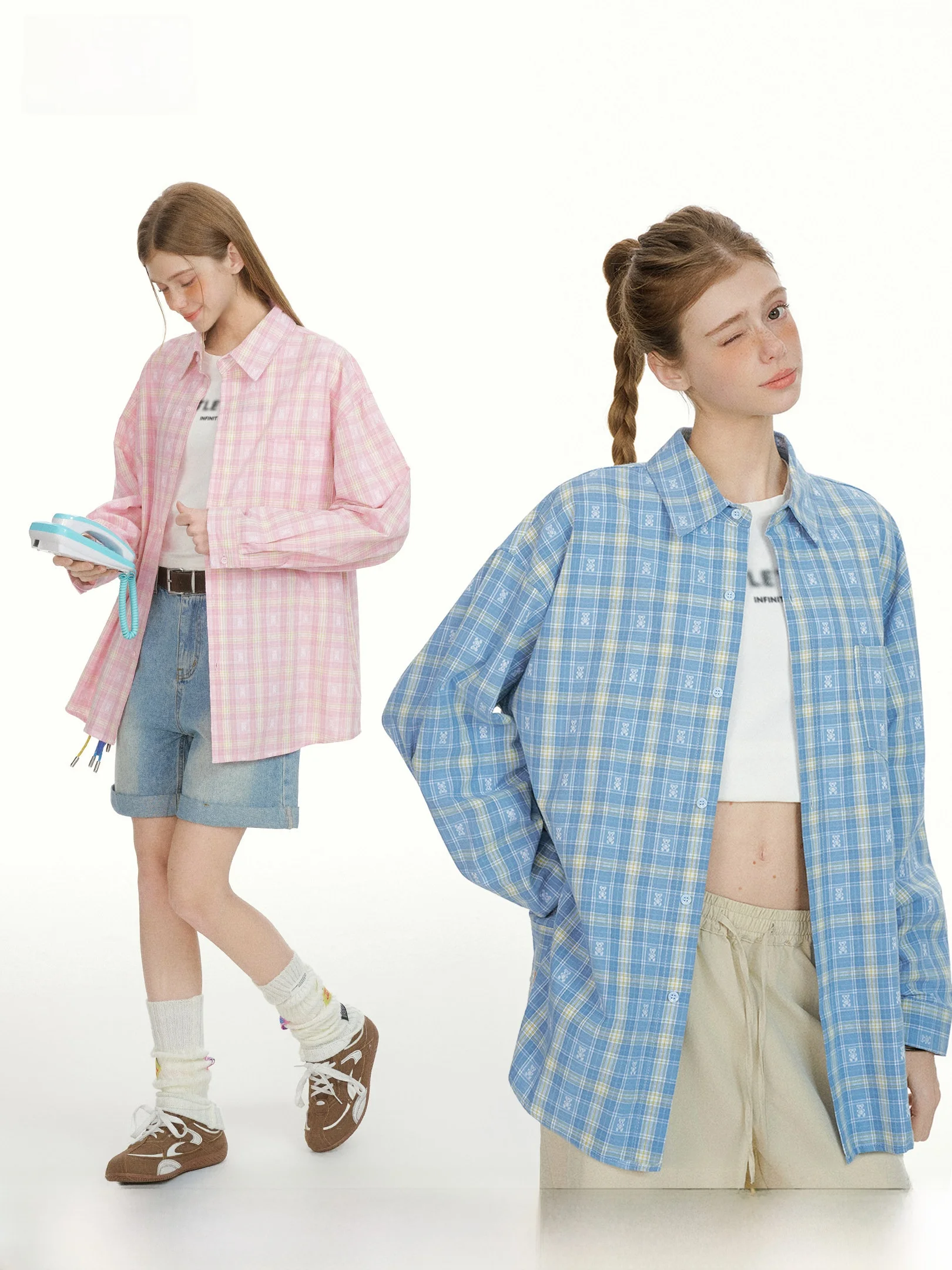 

BEETEL TOWN Fun Bear Embroidered Plaid Long Sve irt Women Spring New Lazy Sle Top Coat Men Casual Loose Fit Breathable...