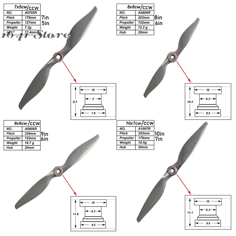 

Gray 2-Blade Nylon Propellers with Adapter Rings for RC Drone Airplanes Gliders 7x5 8x6 9x6 10x7Inch CW CCW